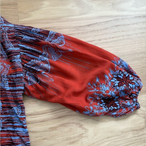 Free People Birds of a Feather blouse boho top terracotta  blue size Xs - Picture 12 of 13